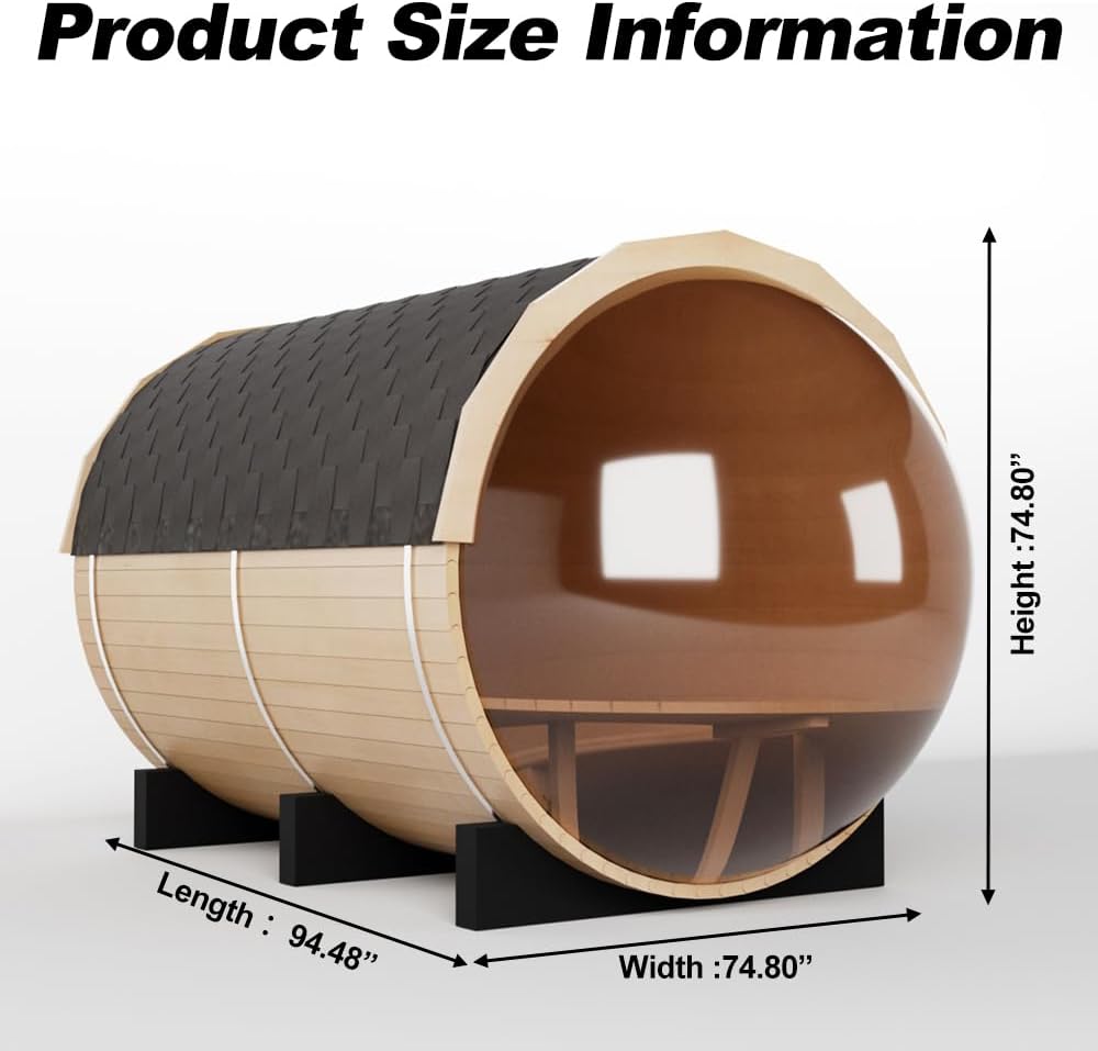 Outdoor Wooden Panoramic Barrel Sauna, 6-8 Person Sauna Room, 220V,6kw Toule Electric Heater with Sauna Stone, and Asphalt Shingle Roof (Red Ceder)