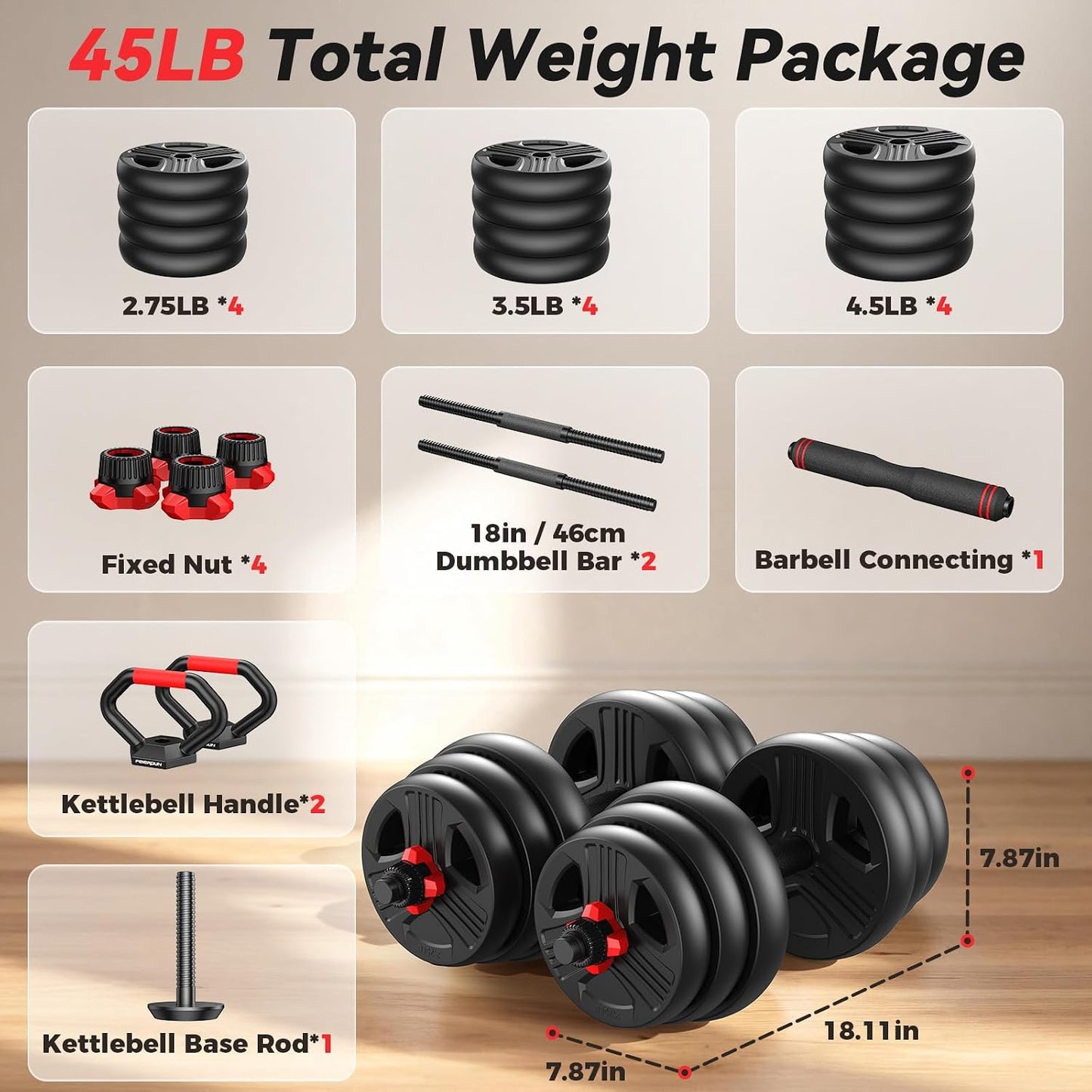FITPLAM Adjustable dumbbell set,20/35/45/55/70/90lbs Free Weights set with upgraded nut, 5 in 1 Weight Set Used as Kettlebells, Barbell, Push up Stand, Fitness Exercise for Home Gym Suitable Men/Women
