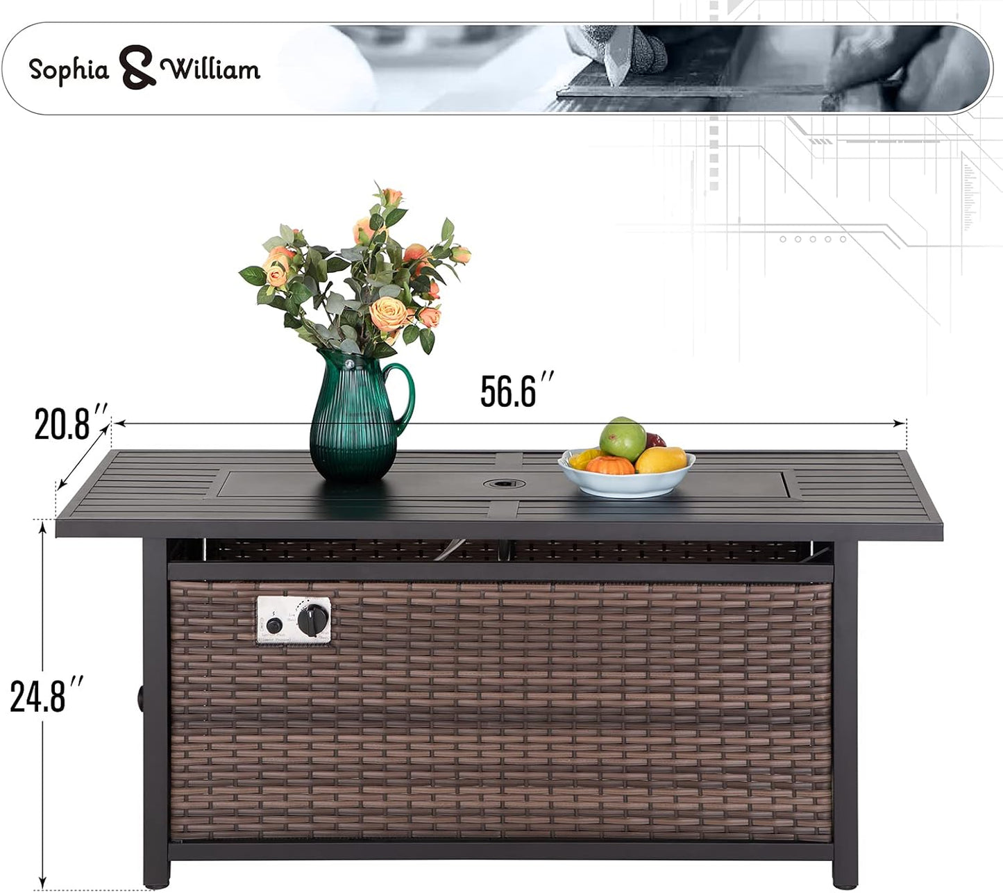 Sophia & William 56 Inch Gas Fire Pit Table,Rectangular Propane Fireplace | Outdoor Rattan Propane Fire Table with Fire Glass, Lid, 50,000 BTU Firepits for Outside Patio