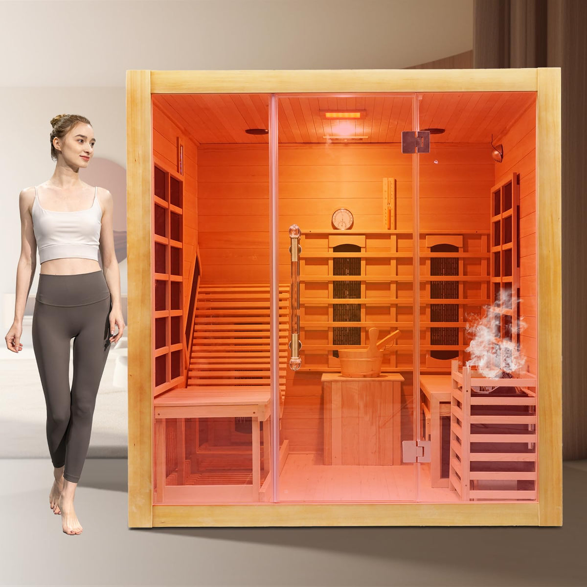 2 Person Infrared Saunas for Home with Recliner, 220V Traditional Sauna for Indoor Use, Canadian Ceder, Full Spectrum Sauna with 9 Heating Panels (Cedar)