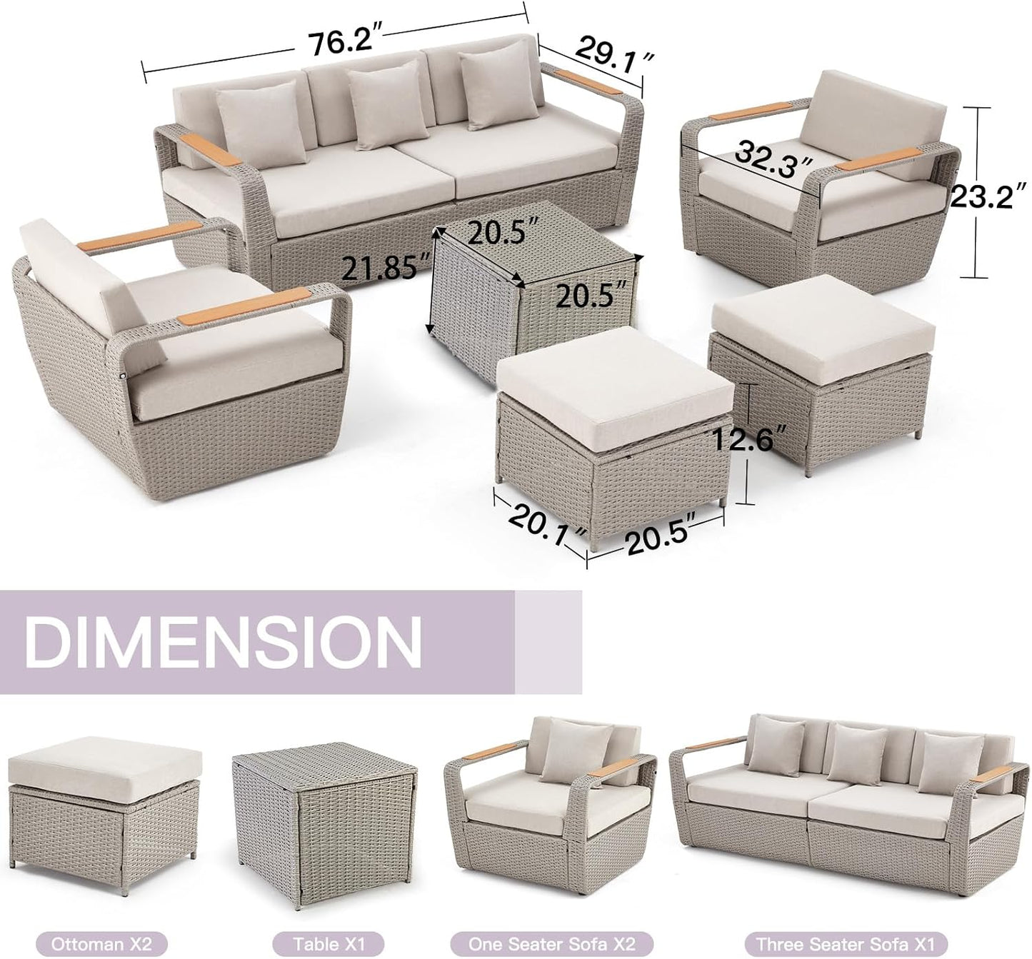 Patio Furniture Set, Oversized 7-Seat Outdoor Sectional with Ottoman and Coffee Table, Wicker Rattan Patio Sofa Set with 5" Thick Removable Cushions for Garden, Porch, Backyard, Light Gray