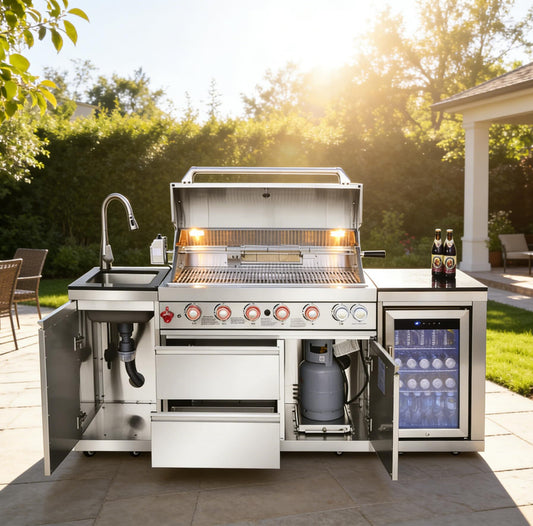 102.4 Inch Outdoor Kitchen Island | 4 Burner Propane Gas BBQ Grill with Sink and Refrigerator, 59500 BTU 304 Stainless Steel, Black (Black, 102.4"')