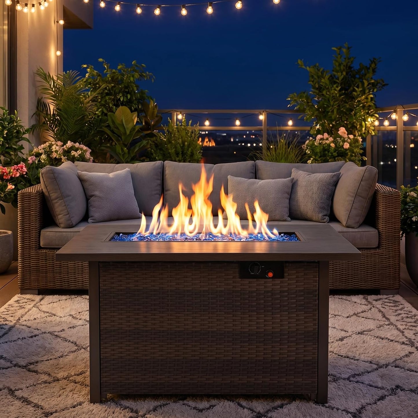 Fire Pit Table, 50,000 BTU Propane Fire Pit Tables for Outside Patio, Brown | 42 Inch Rectangular Fire Pit Table, 2-IN-1 Fire Table with Removable Lid and Blue Glass Stones, CSA Certification