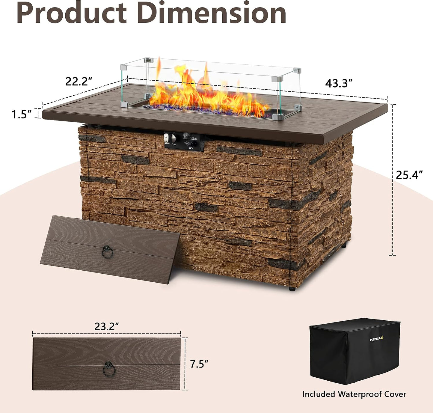 43 Inch Outdoor Firepit Table 50,000 BTU Propane Gas Fire Pit | Rectangle Stone Fire Table with Glass Wind Guard, Rain Cover, Fire Stones and Removable Lid, CSA Certified (Brown)