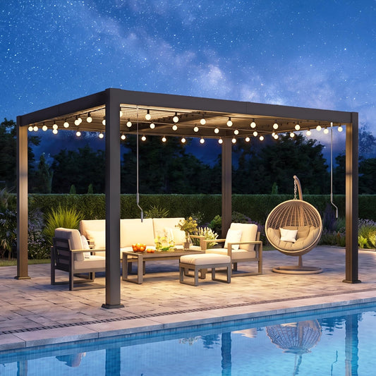 12' x 16' Pergola with Curtain & Adjustable Roof & Aluminum Frame for Patio | Louvered Pergola, Patio Pergola with Netting & Gutter System, Outdoor Pergola, Hardtop Gazebo for Deck, Yard, Dark Gray