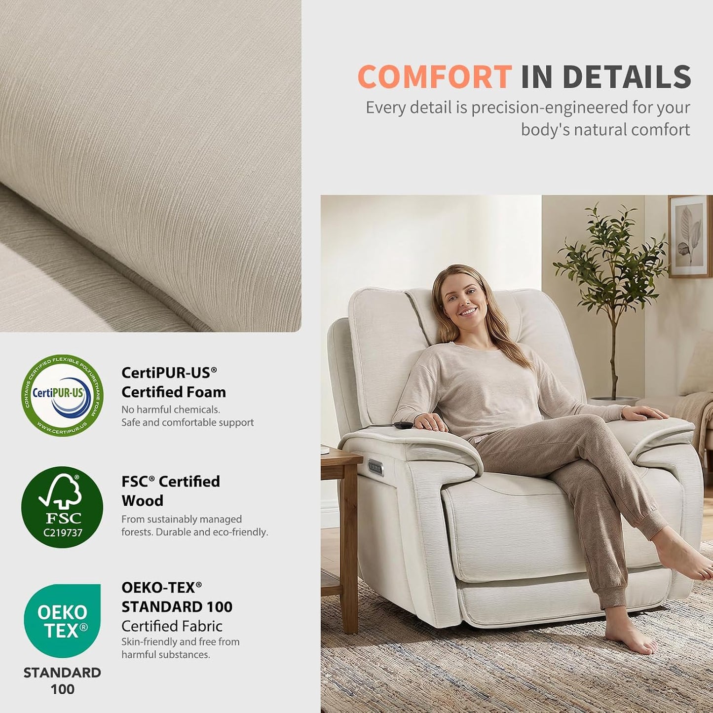 EONIX Triple Motor Lay Flat Zero Gravity Power Recliner, Cream White | Adjustable Headrest, Infinite Position, Lay Flat, USB Ports, 3.9" Footrest, Cup Holder, Living Room
