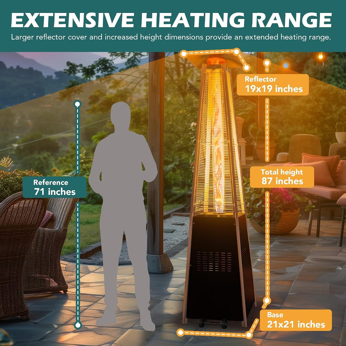 48,000 BTU Flame Pyramid Pool Heater With Cover, Triple Safety Protection Portable Patio Heater with Patio Cover, Warm Glass Tube with Durable Wheels-Black