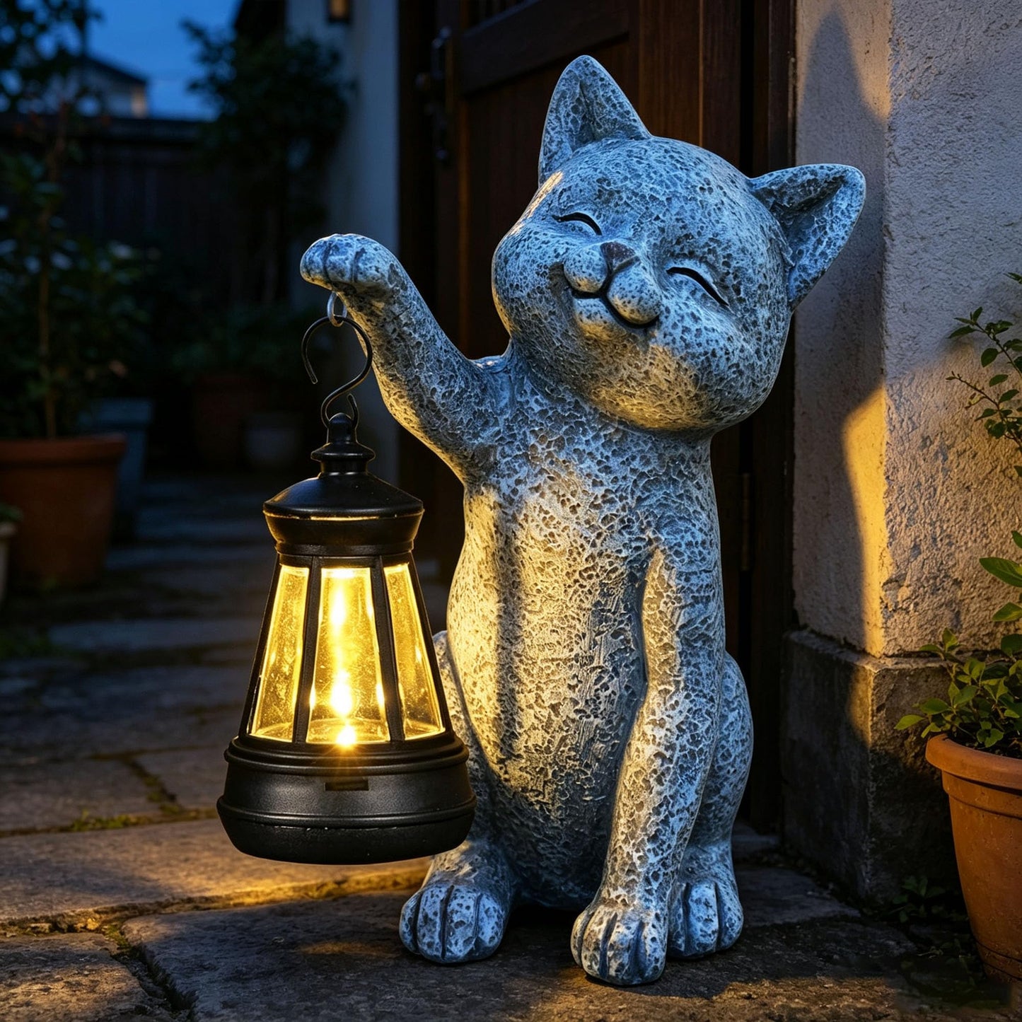 Solar Frog Garden Statue, Resin Figurine with Ladybug & Hanging Solar Lantern Outdoor Decor