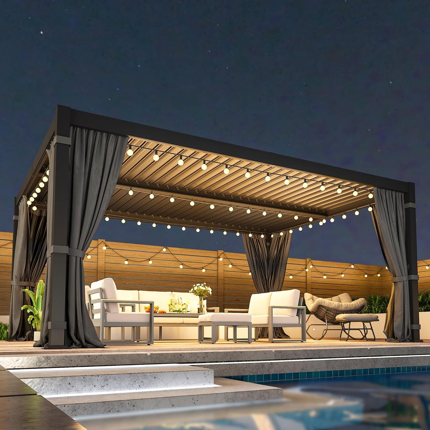 12' x 16' Pergola with Curtain & Adjustable Roof & Aluminum Frame for Patio | Louvered Pergola, Patio Pergola with Netting & Gutter System, Outdoor Pergola, Hardtop Gazebo for Deck, Yard, Dark Gray