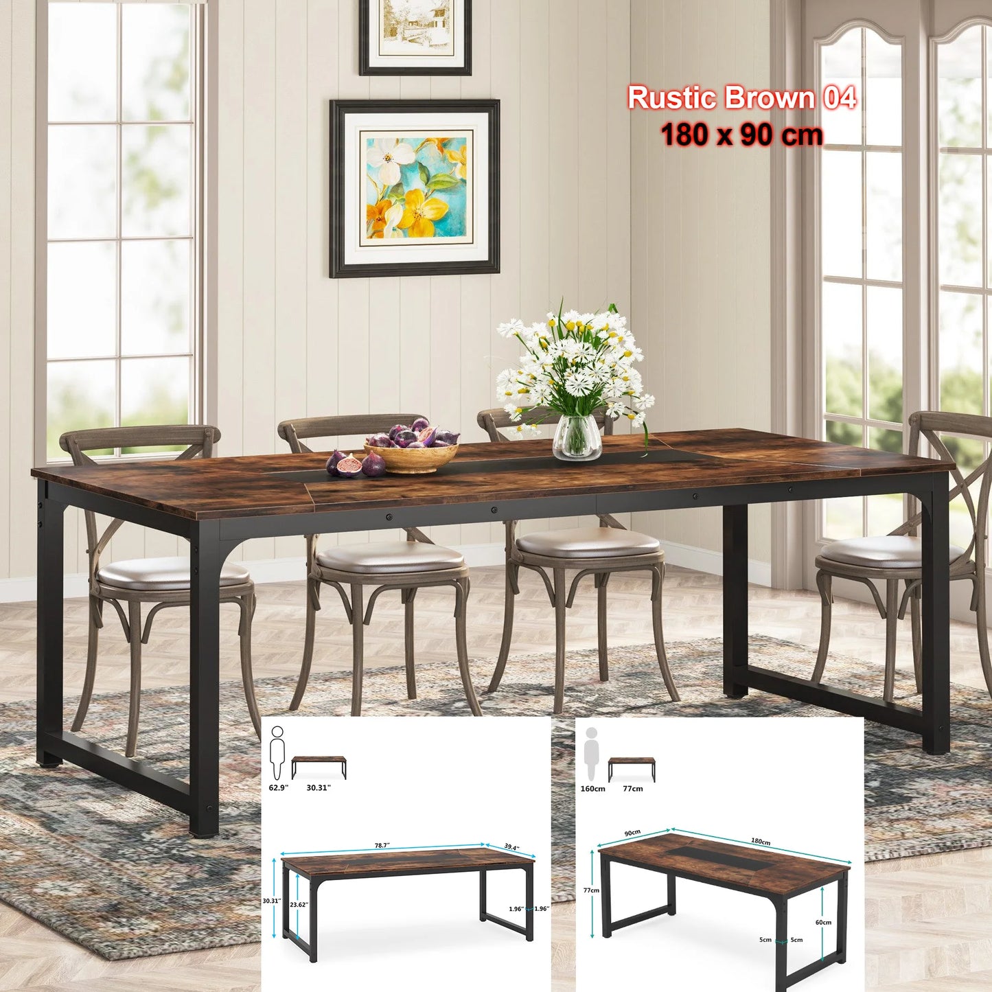 Dining Table, Industrial Kitchen Table for 6-8 Person,