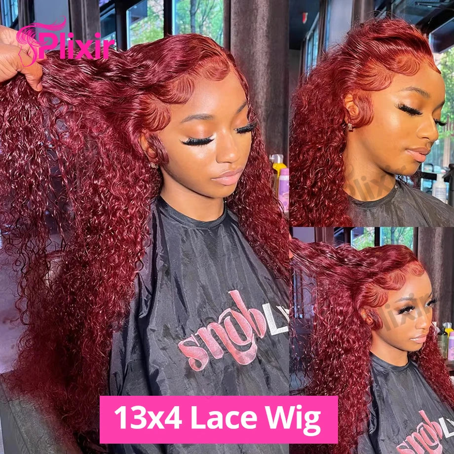 Burgundy 13x6 HD Lace Frontal Human Hair Wig Deep Water Wave Curly Lace Front Wig