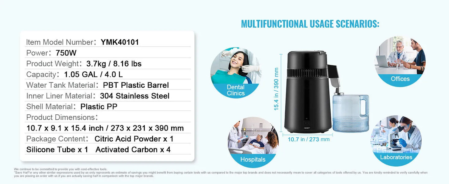 Water Distiller 4L 1.05 Gallon Pure Water Purifier