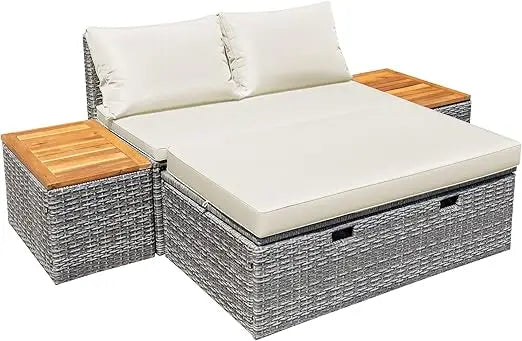 Patio Day Bed Outdoor Daybed Set Multifunctional Rattan Lounge Bed with 2 Side Tables