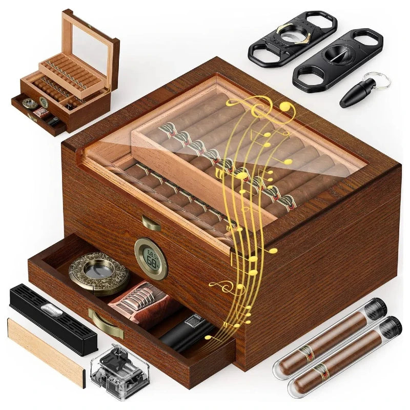 Cigar Humidor with Music Box System Cigar Humidor and Cedar Wood Tray-Transparent Top Desktop Humidor Digital Hygrometer & Humidifier