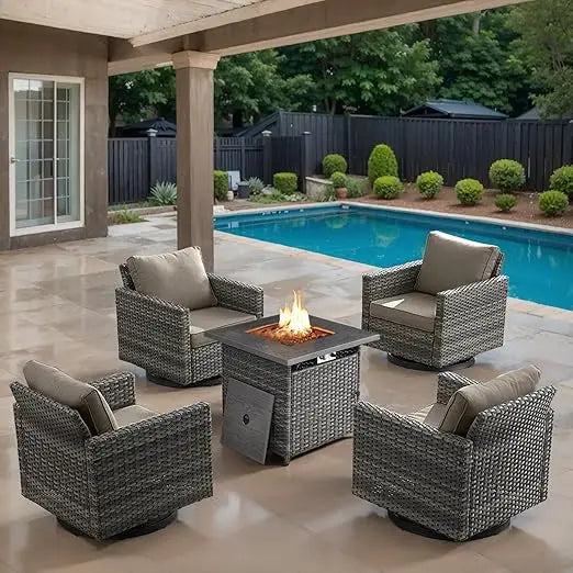 Outdoor Swivel Rocker Chairs Set of 4 with Fire Pit Table