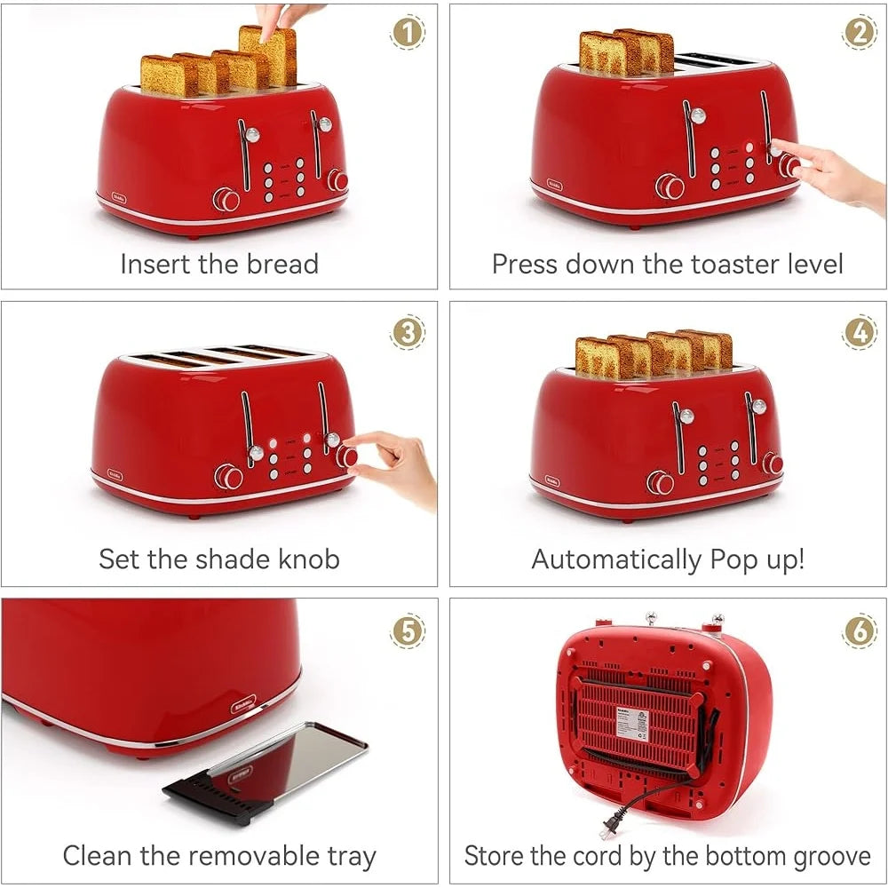 4 Slice Toaster Retro Design Stainless Steel 1.5 Inch Slots 6 Levels Dual Independent Controls Easy Clean Crumb Tray