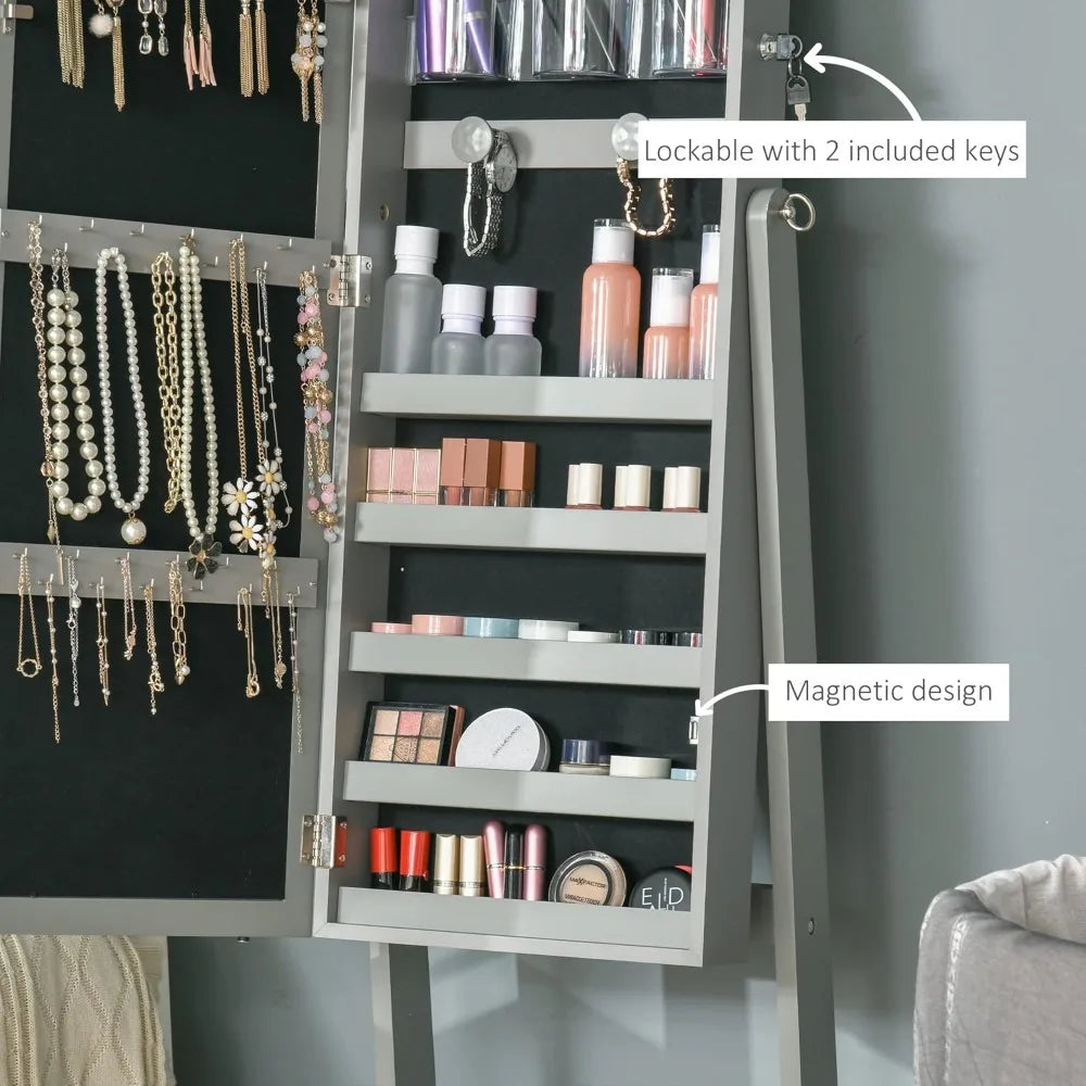 Floor standing jewelry cabinet with led light, lockable jewelry organizer