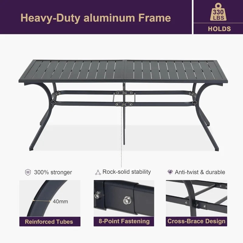 Outdoor Dining Set for 8 with All-Aluminum Black Slat Table an Padded Folding Chairs