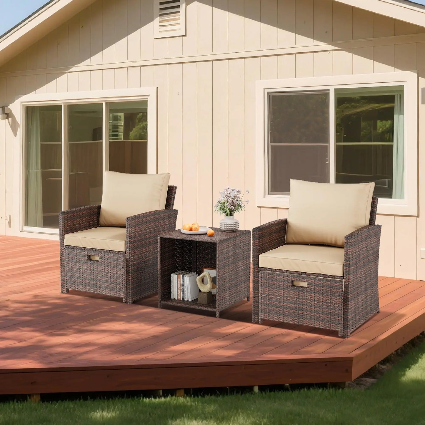 5-Piece All-Weather Pe Rattan Patio Set, Wi High Back Chair with 2 Ottomans & Table, Soft Cushions For Garden & Porch