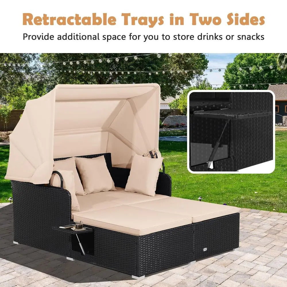 Patio Rattan Daybed with Retractable Canopy, Outdoor Wicker with 2 Foldable Side Tables,