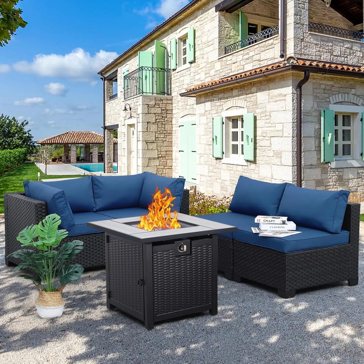 5 Piece Black Rattan Sectional Sofa Set with Propane Fire Pit Table