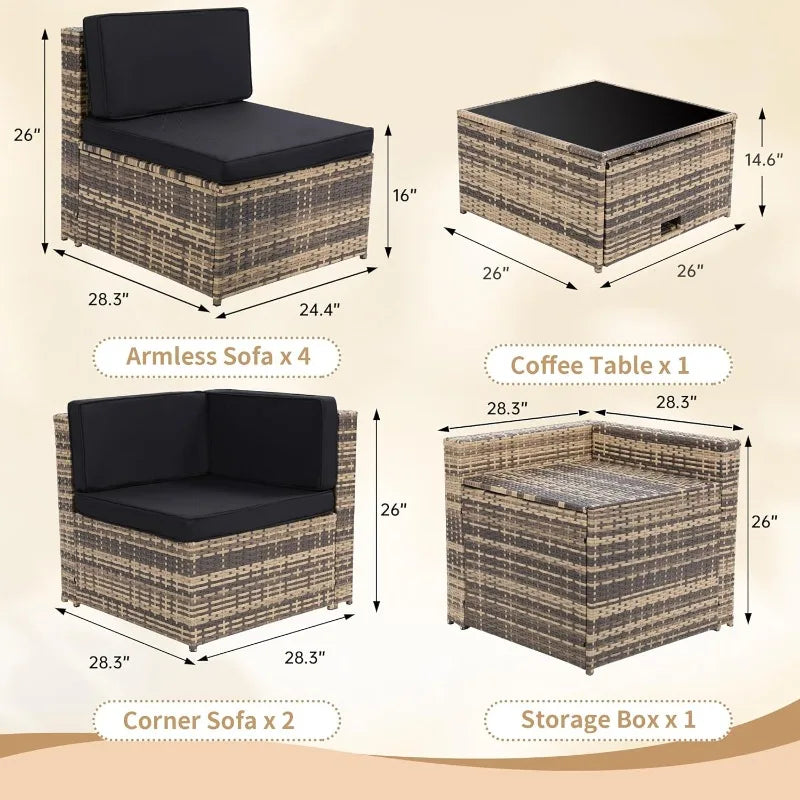 8 Piece Outdoor Wicker Patio Furniture Sectional Set, Glass Top