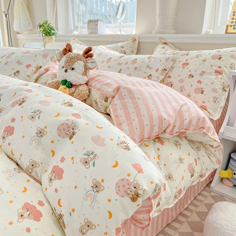 Bedding Set Cover Pillowcase Flat Sheet Single Twin Queen Size Bed Linens