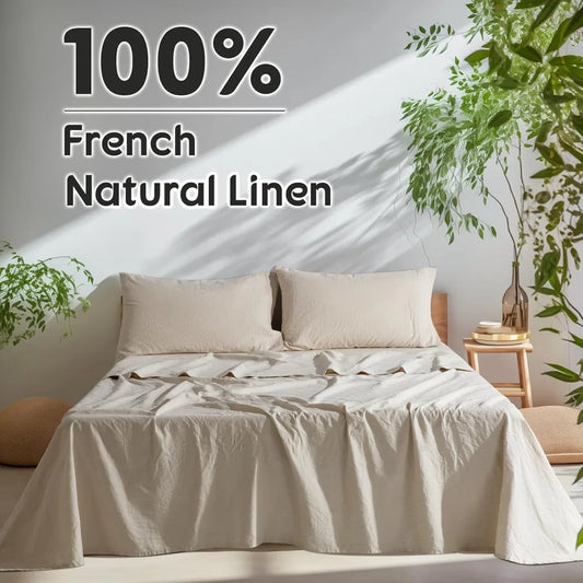 100% French Pure Linen King Sheets, Breathable Durable Bedding Set,