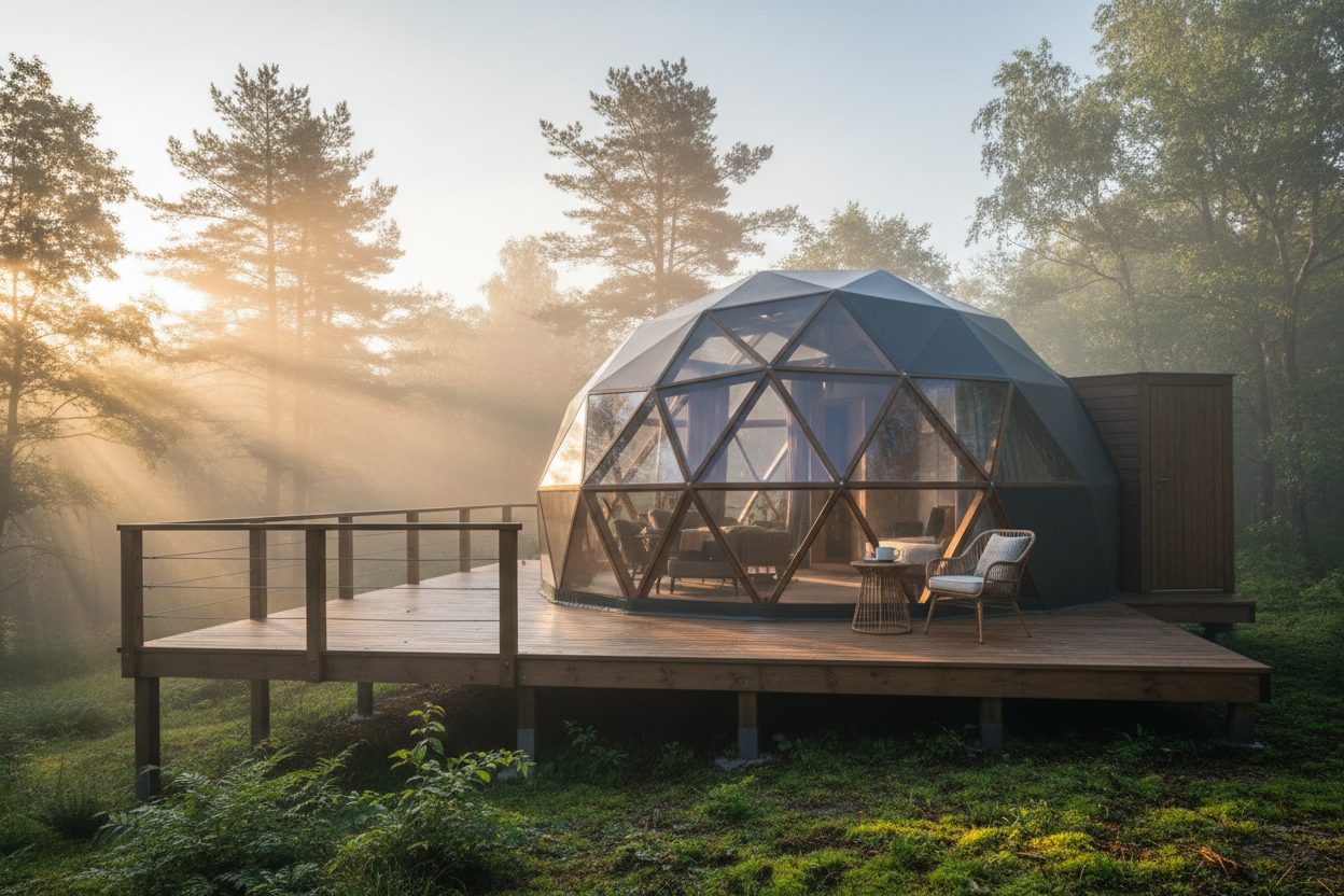 Glamping Dome Exterior Sunrise