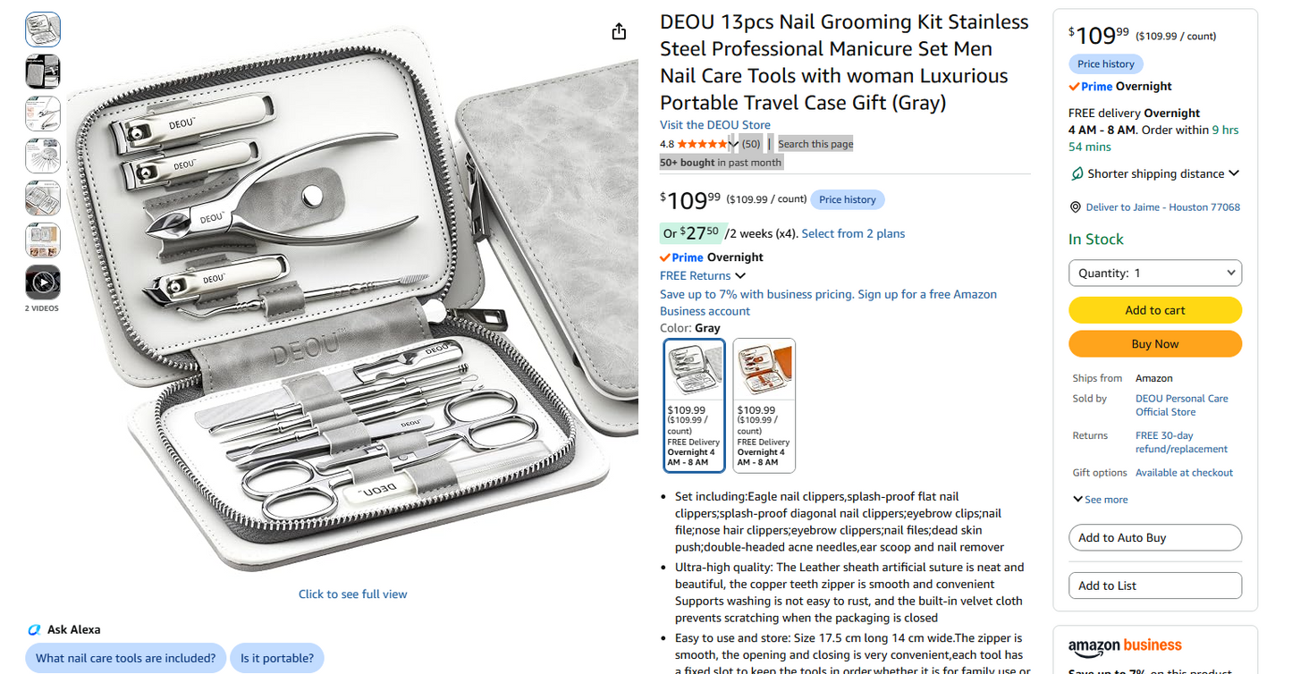 DEOU 13pcs Nail Grooming Kit Stainless Steel Professional Manicure Set with Gray Luxury Travel Case