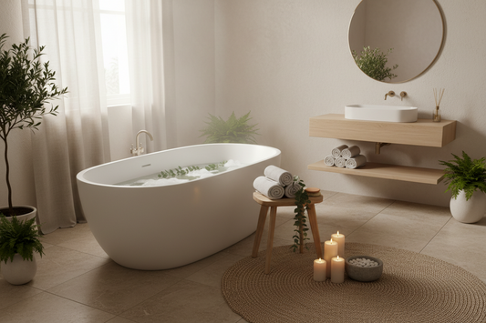 Serene luxury bathroom spa oasis with bathtub, towels, eucalyptus, and candles
