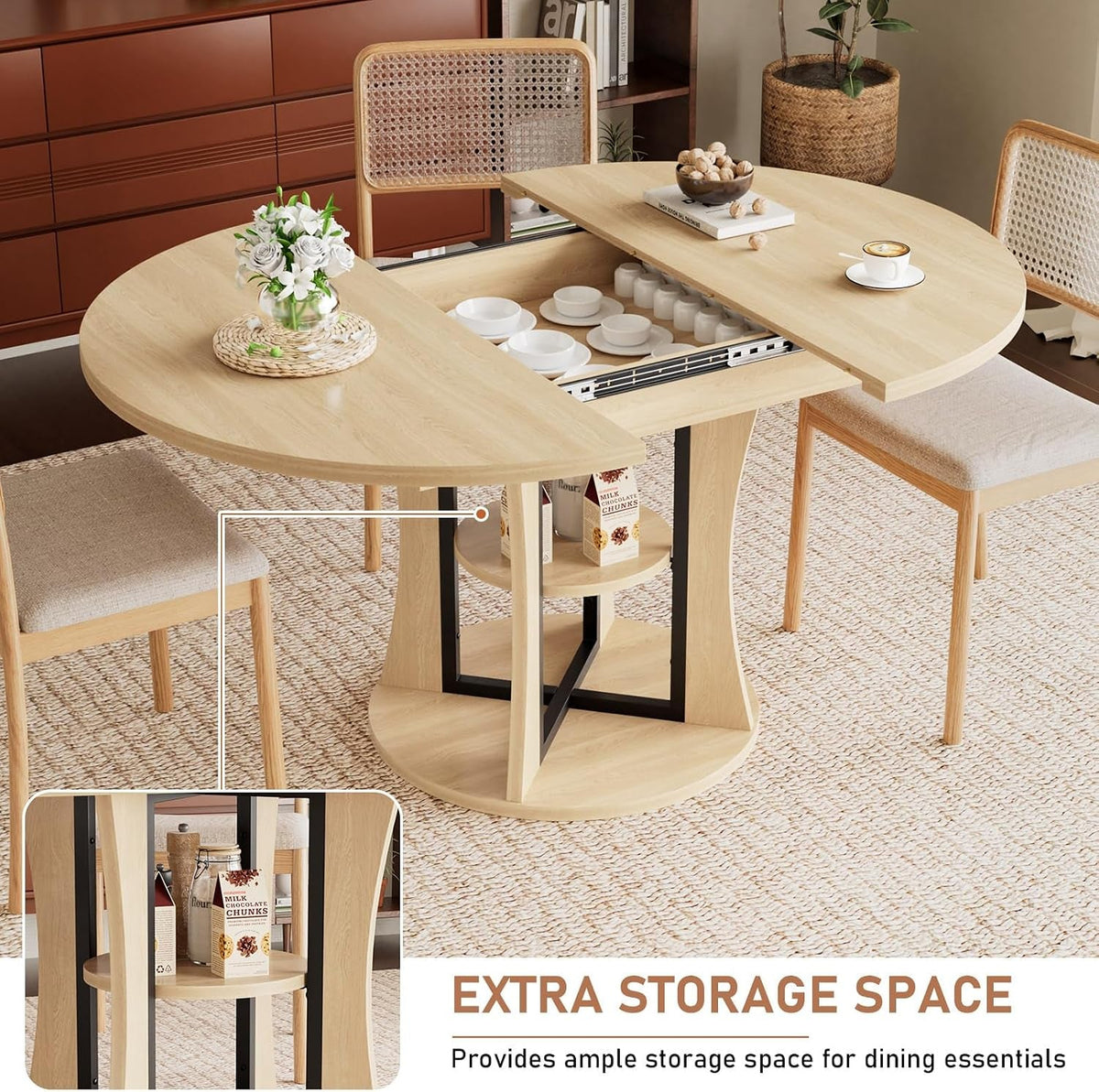 Extendable Oval Dining Table with Storage Shelf, Oak-Finish Wood Grain