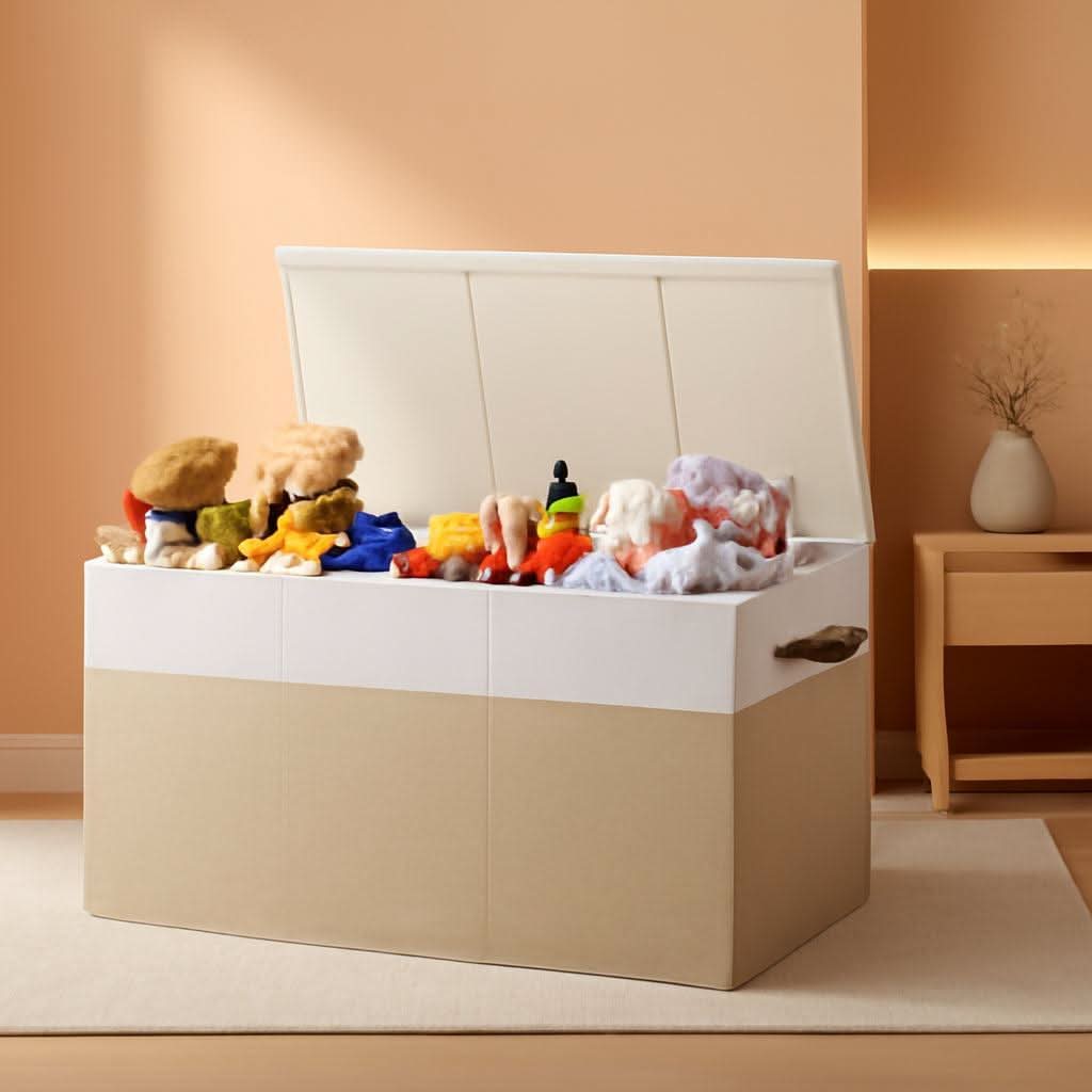 Extra-Large Fabric Storage Bin with Dividers, Beige & White