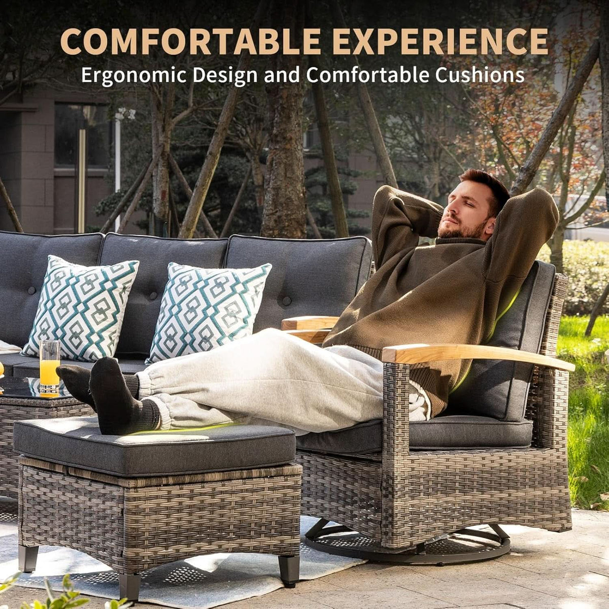 Outdoor Rattan Patio Furniture Set with Swivel Rockers