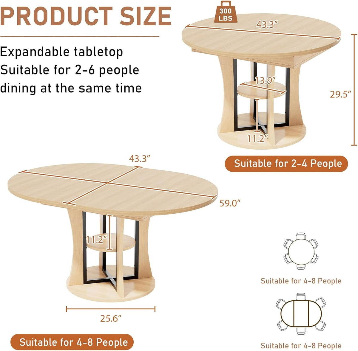 Extendable Oval Dining Table with Storage Shelf, Oak-Finish Wood Grain