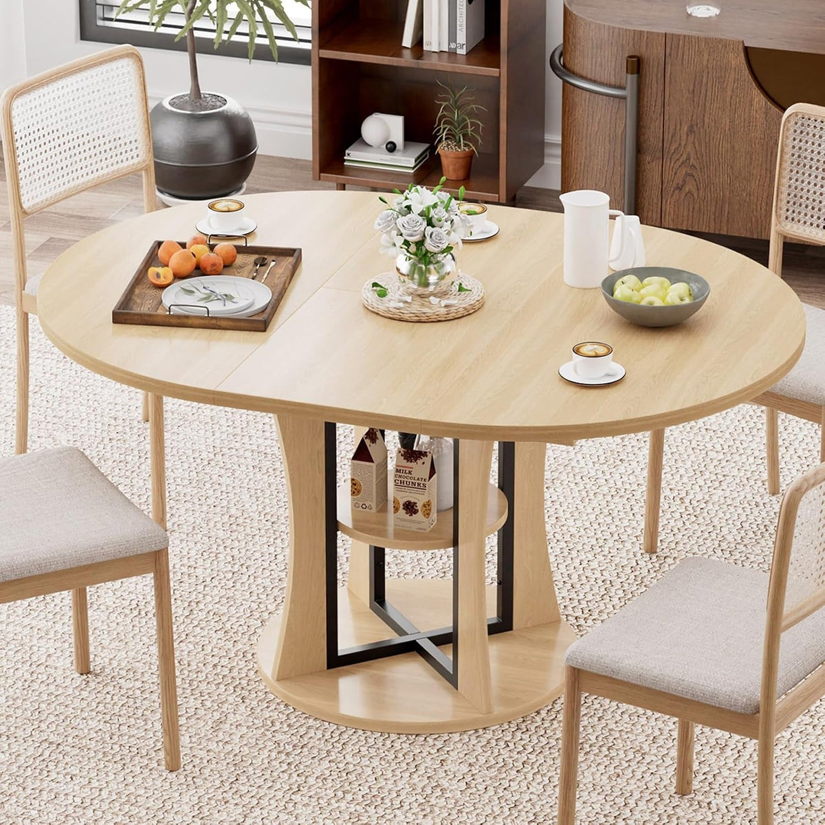 Extendable Oval Dining Table with Storage Shelf, Oak-Finish Wood Grain
