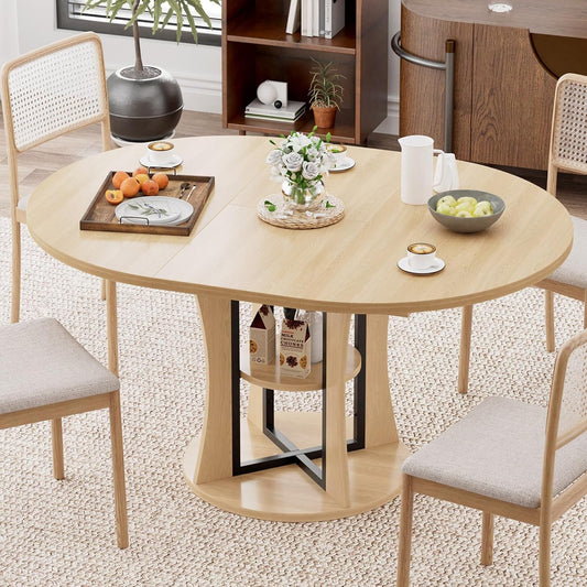 Extendable Oval Dining Table with Storage Shelf, Oak-Finish Wood Grain