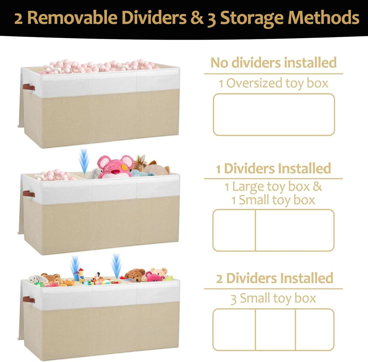 Extra-Large Fabric Storage Bin with Dividers, Beige & White