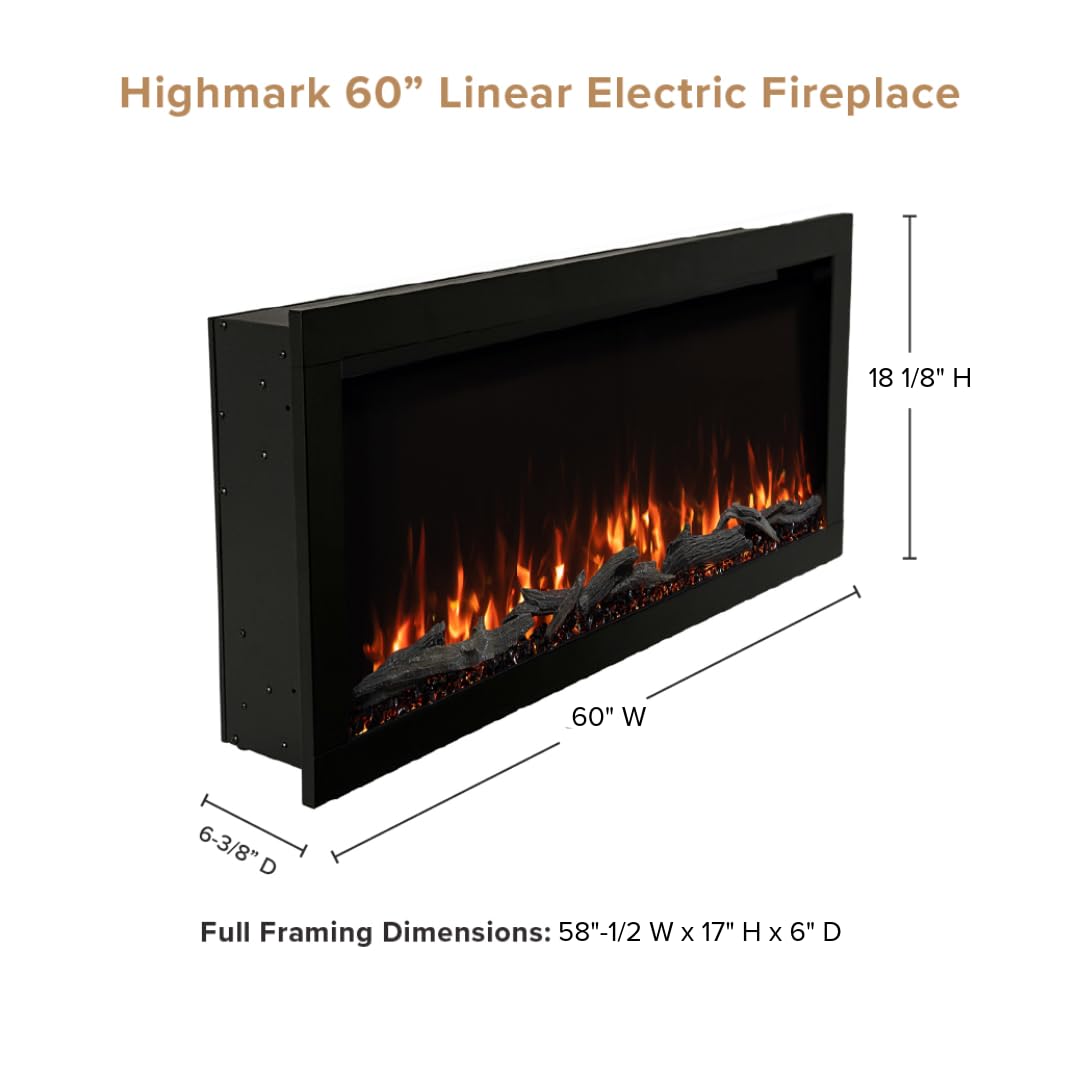 Highmark 72 Inch Smart Linear Electric Fireplace - Premium Flame with 10 Colors, Sleek Hidden Vent Design, Install Recessed in-Wall or Wall-Mount, WiFi Enabled.