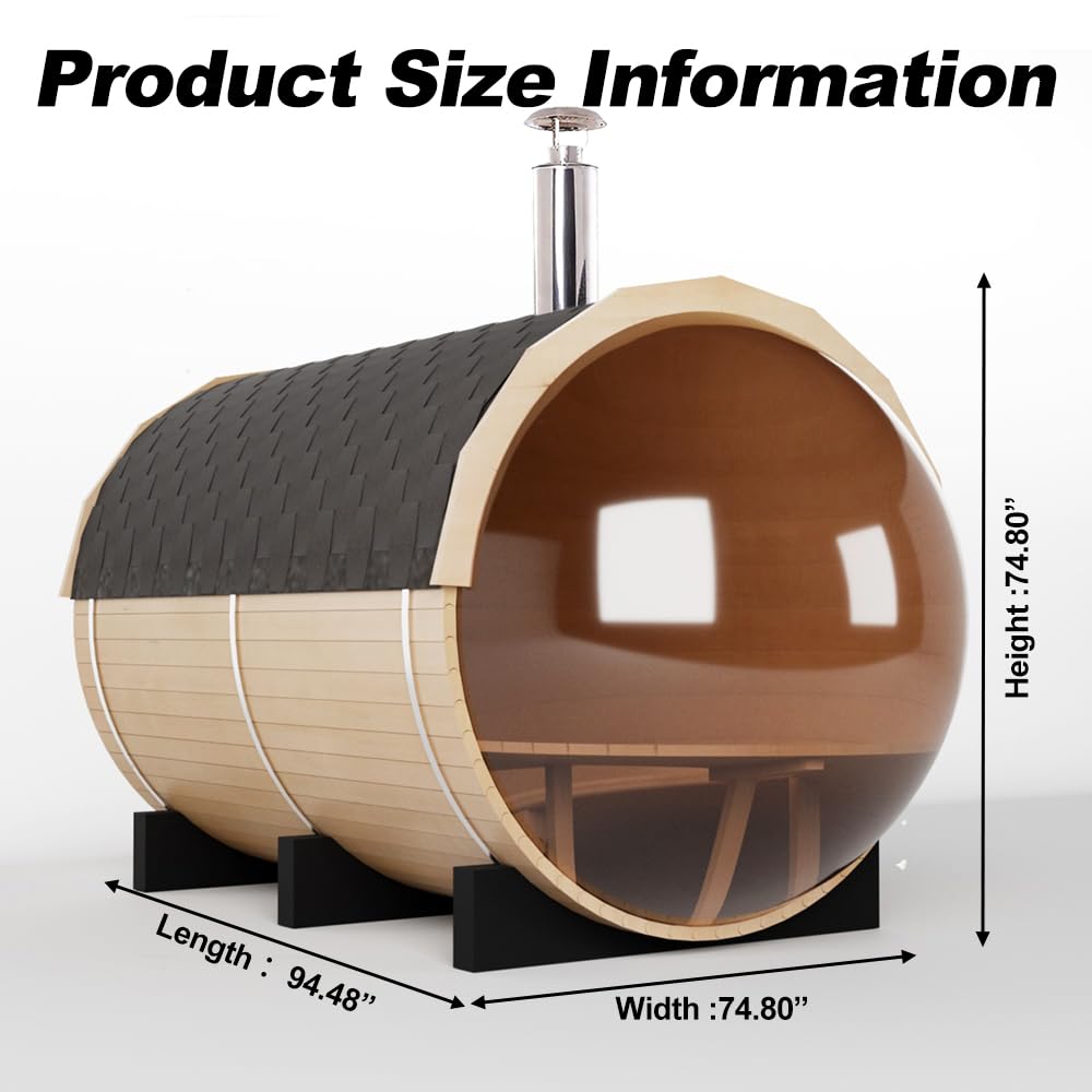 Outdoor Wooden Panoramic Barrel Sauna, 6-8 Person Sauna Room, 220V，6kw Toule Electric Heater with Sauna Stone, and Asphalt Shingle Roof (Red Ceder)