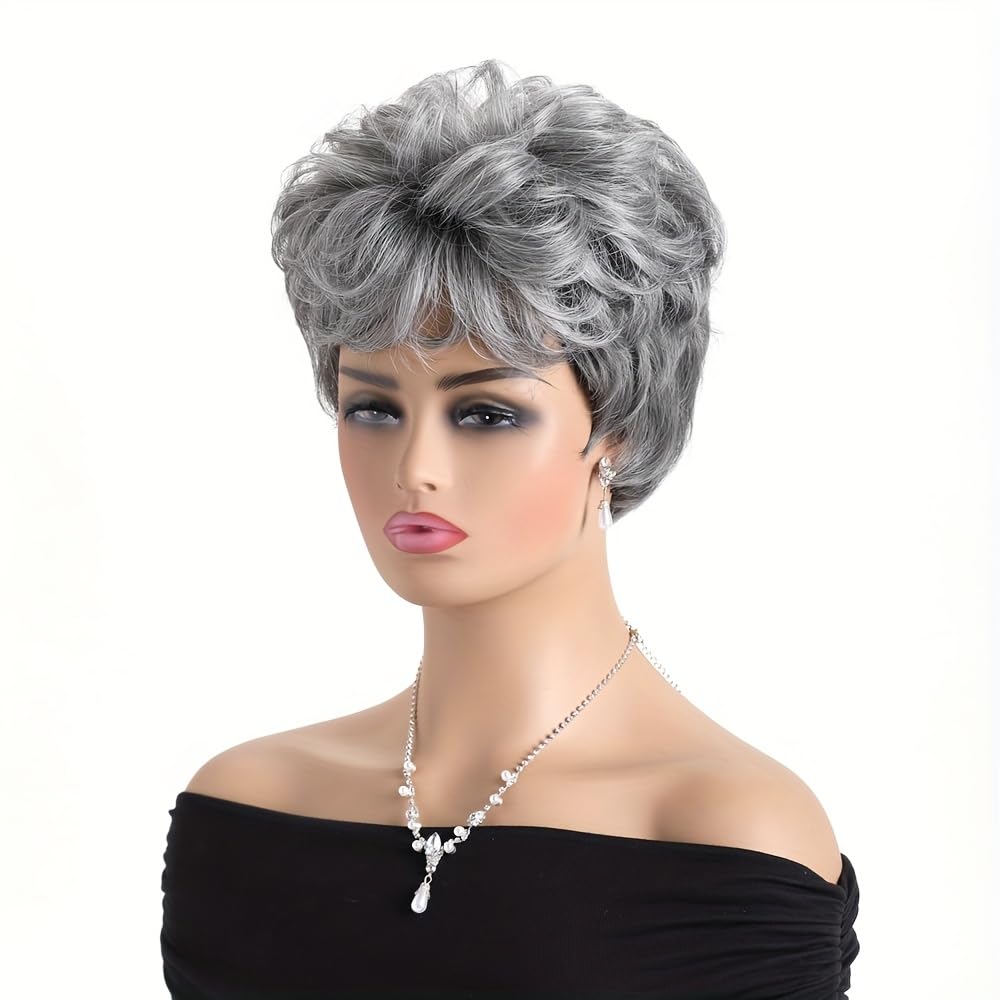 Women's Short Curly Silve Gray Wig Old Lady Hair | Fluffy Short Natual Wave Grey Hair Wigs for White Women Grandma Synthetic Daily Halloween Cosplay Party Wig Easy Care