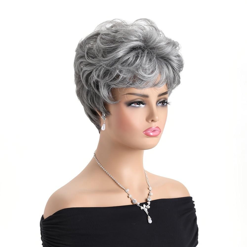 Women's Short Curly Silve Gray Wig Old Lady Hair | Fluffy Short Natual Wave Grey Hair Wigs for White Women Grandma Synthetic Daily Halloween Cosplay Party Wig Easy Care