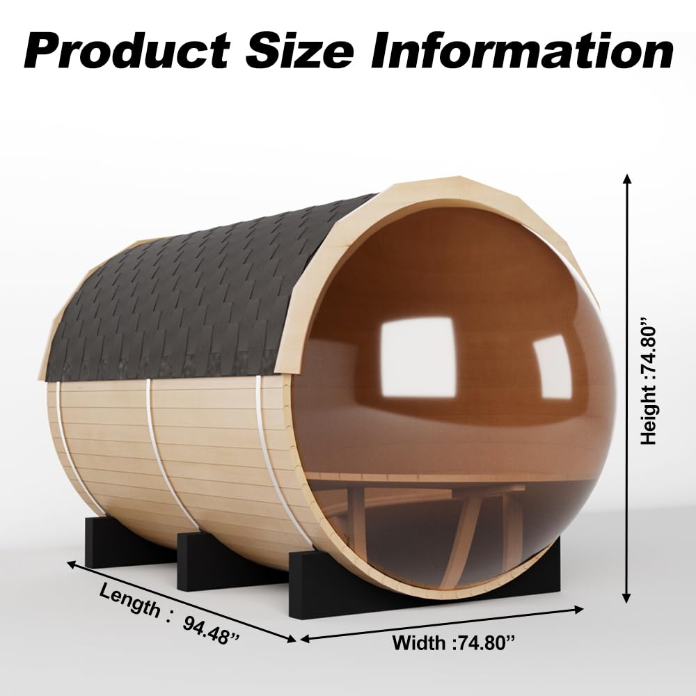 Outdoor Wooden Panoramic Barrel Sauna, 6-8 Person Sauna Room, 220V，6kw Toule Electric Heater with Sauna Stone, and Asphalt Shingle Roof (Red Ceder)