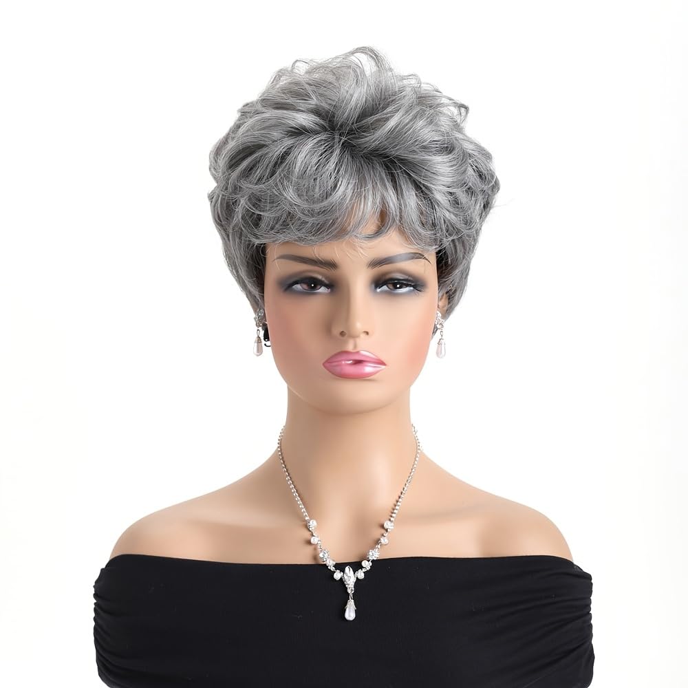 Women's Short Curly Silve Gray Wig Old Lady Hair | Fluffy Short Natual Wave Grey Hair Wigs for White Women Grandma Synthetic Daily Halloween Cosplay Party Wig Easy Care