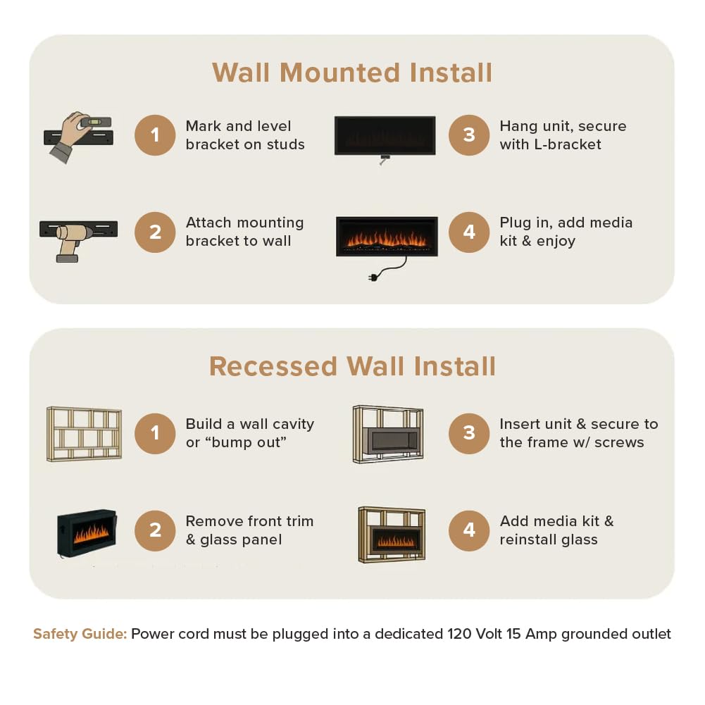 Highmark 72 Inch Smart Linear Electric Fireplace - Premium Flame with 10 Colors, Sleek Hidden Vent Design, Install Recessed in-Wall or Wall-Mount, WiFi Enabled.