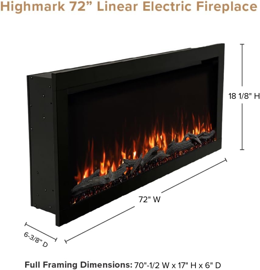 Highmark 72 Inch Smart Linear Electric Fireplace - Premium Flame with 10 Colors, Sleek Hidden Vent Design, Install Recessed in-Wall or Wall-Mount, WiFi Enabled.