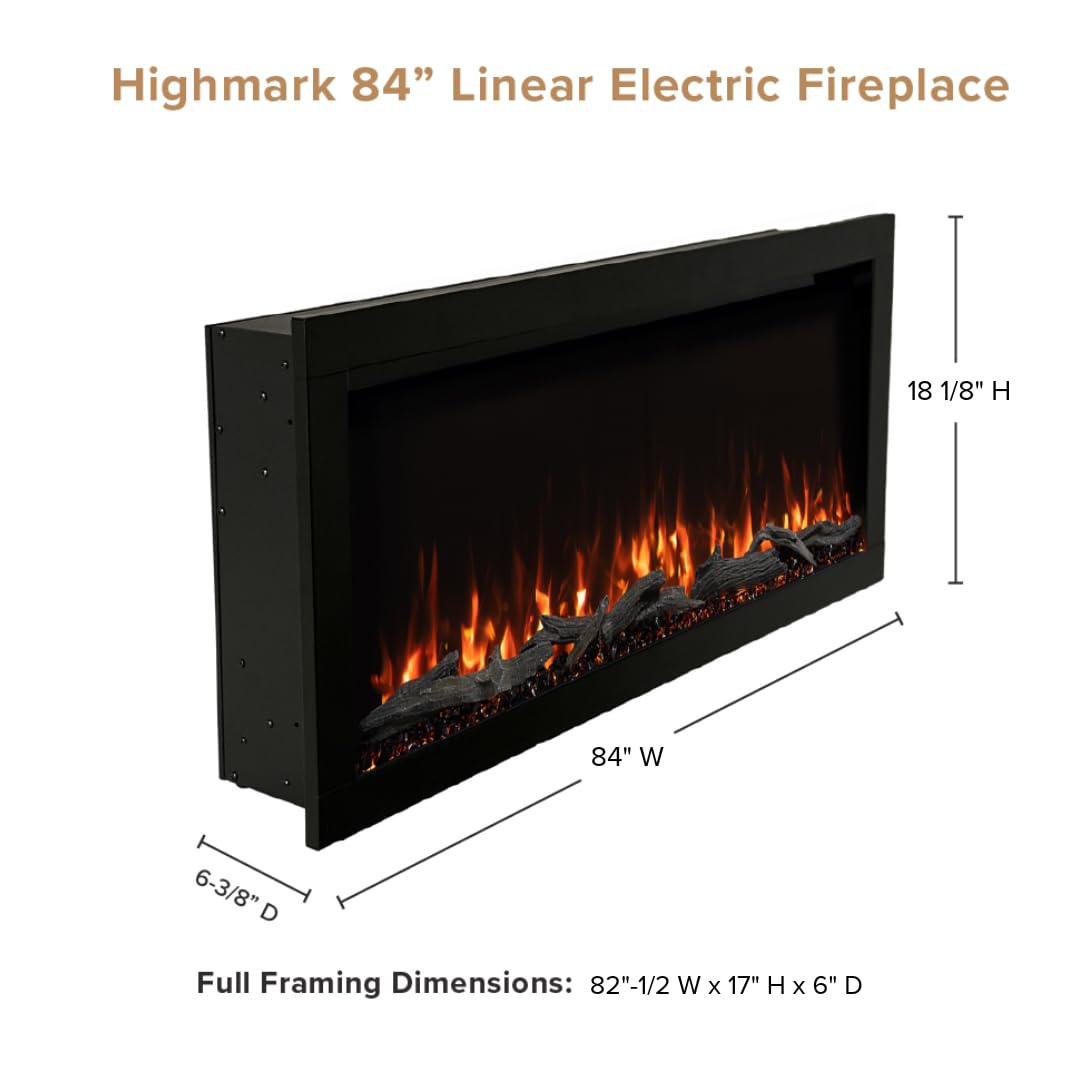 Highmark 72 Inch Smart Linear Electric Fireplace - Premium Flame with 10 Colors, Sleek Hidden Vent Design, Install Recessed in-Wall or Wall-Mount, WiFi Enabled.