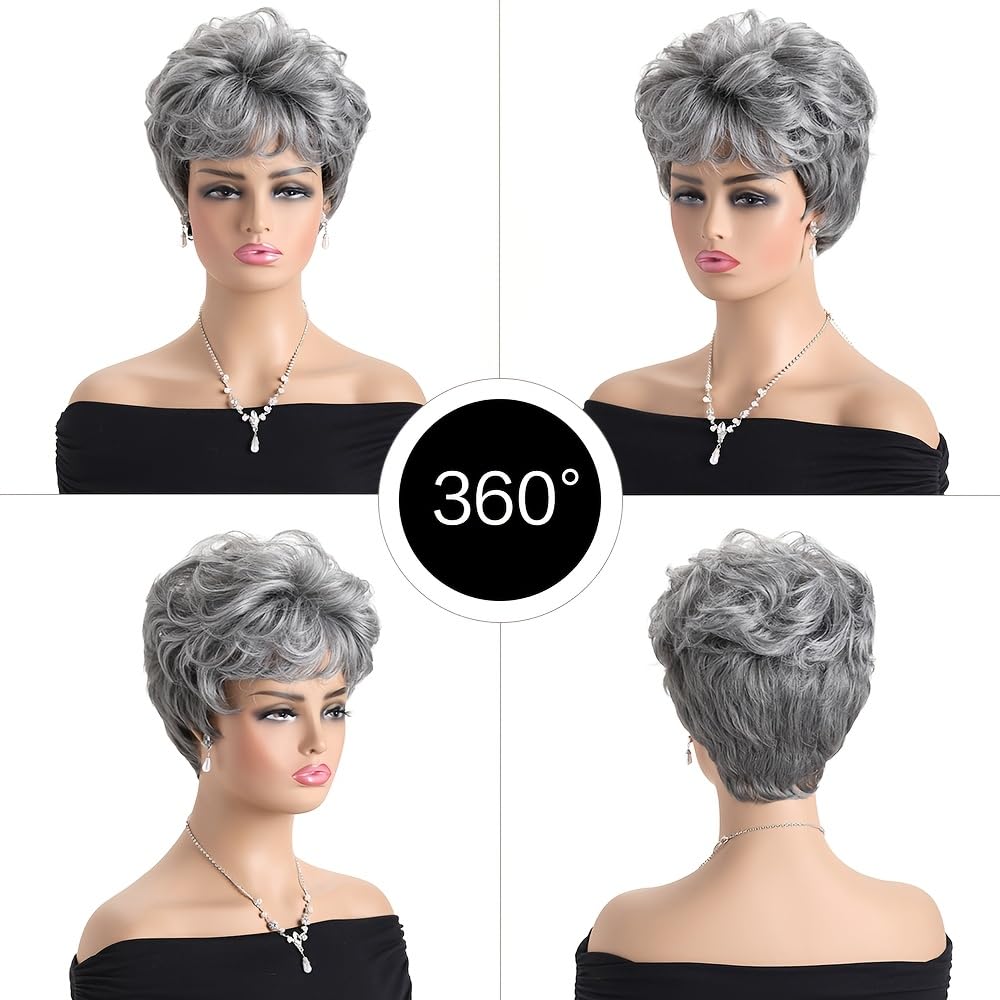 Women's Short Curly Silve Gray Wig Old Lady Hair | Fluffy Short Natual Wave Grey Hair Wigs for White Women Grandma Synthetic Daily Halloween Cosplay Party Wig Easy Care