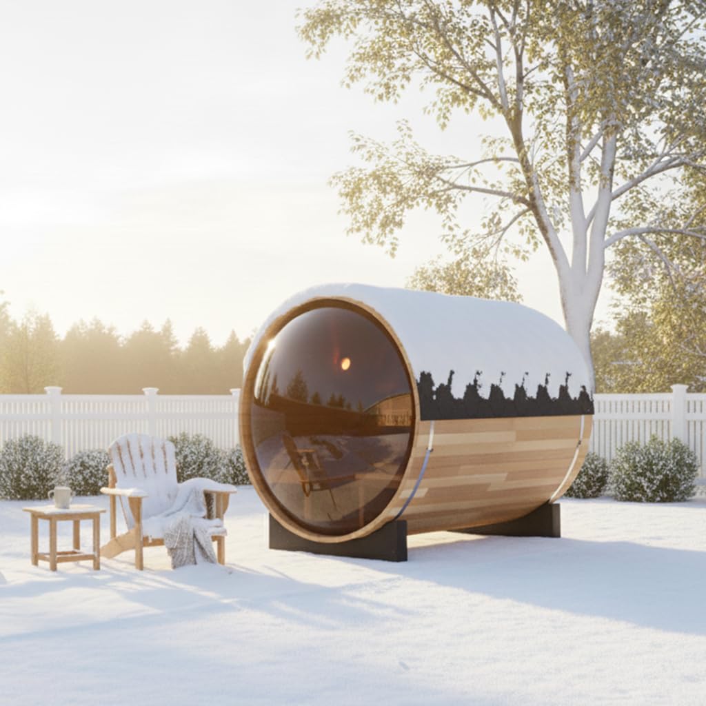 Outdoor Wooden Panoramic Barrel Sauna, 6-8 Person Sauna Room, 220V，6kw Toule Electric Heater with Sauna Stone, and Asphalt Shingle Roof (Red Ceder)