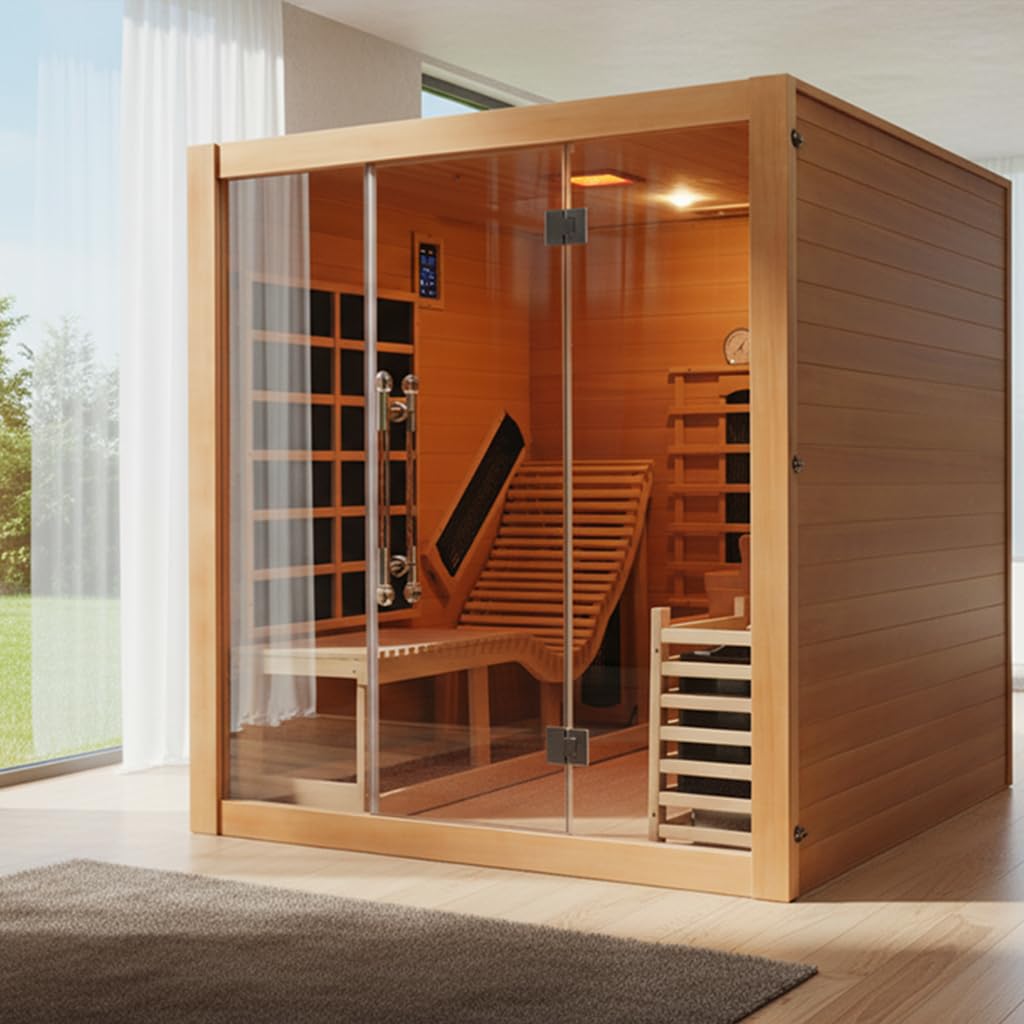2 Person Infrared Saunas for Home with Recliner, 220V Traditional Sauna for Indoor Use, Canadian Ceder, Full Spectrum Sauna with 9 Heating Panels (Cedar)